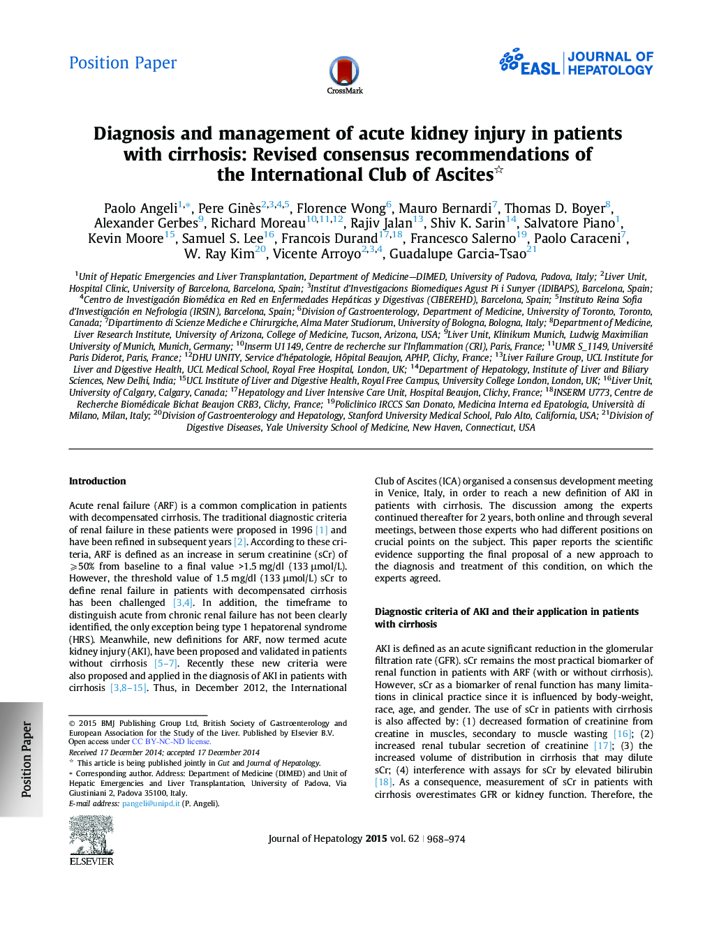 Diagnosis and management of acute kidney injury in patients with cirrhosis: Revised consensus recommendations of the International Club of Ascites