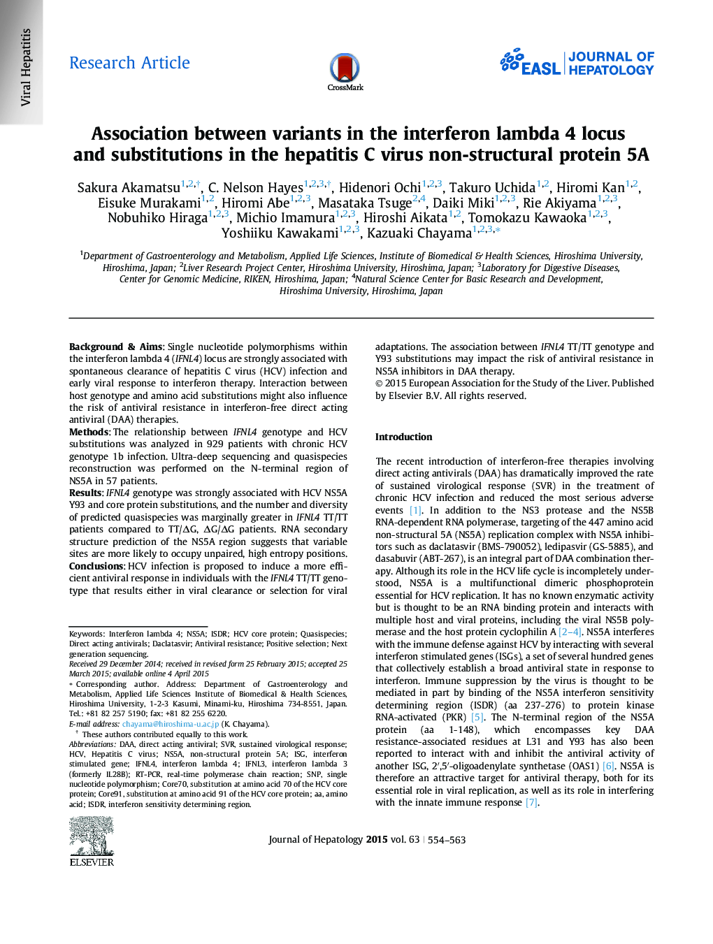 Research ArticleAssociation between variants in the interferon lambda 4 locus and substitutions in the hepatitis C virus non-structural protein 5A