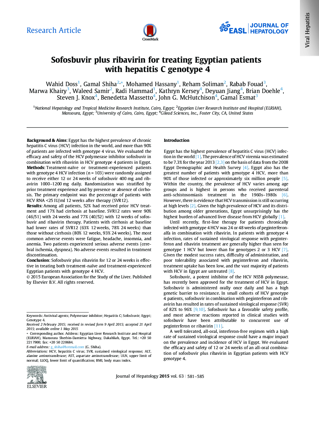 Research ArticleSofosbuvir plus ribavirin for treating Egyptian patients with hepatitis C genotype 4