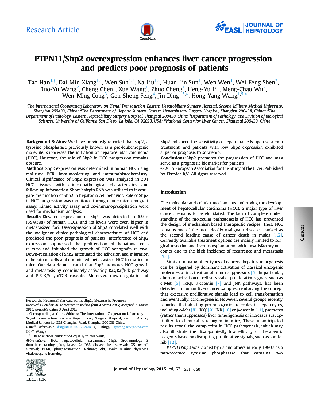 Research ArticlePTPN11/Shp2 overexpression enhances liver cancer progression and predicts poor prognosis of patients