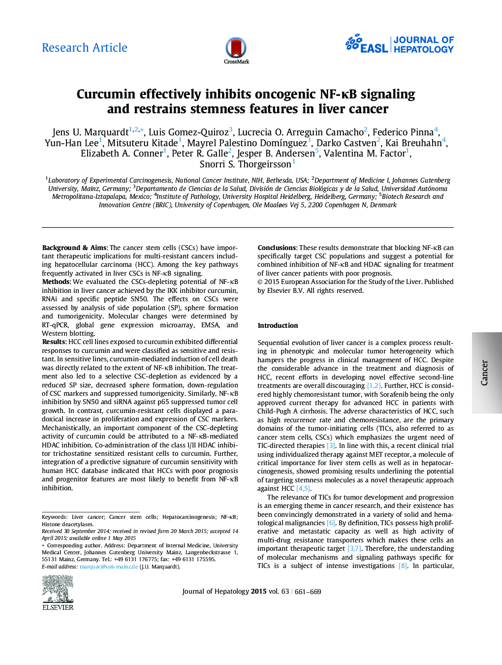 Research ArticleCurcumin effectively inhibits oncogenic NF-ÎºB signaling and restrains stemness features in liver cancer