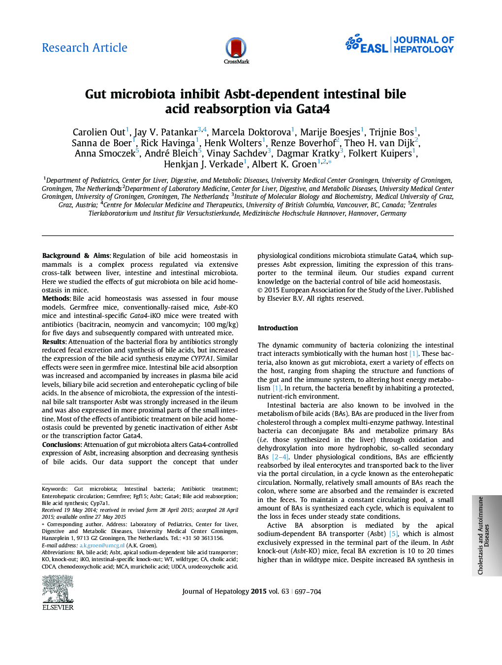 Research ArticleGut microbiota inhibit Asbt-dependent intestinal bile acid reabsorption via Gata4