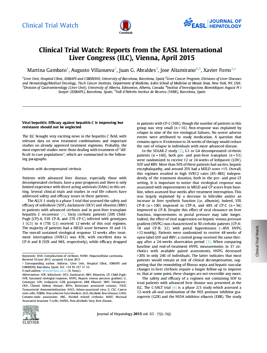 Clinical Trial Watch: Reports from the EASL International Liver Congress (ILC), Vienna, April 2015