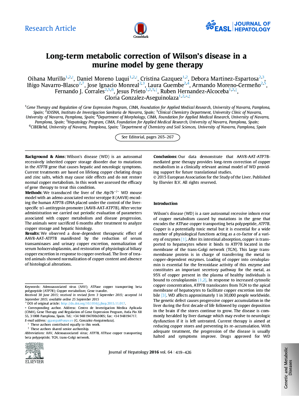 Research ArticleLong-term metabolic correction of Wilson's disease in a murine model by gene therapy