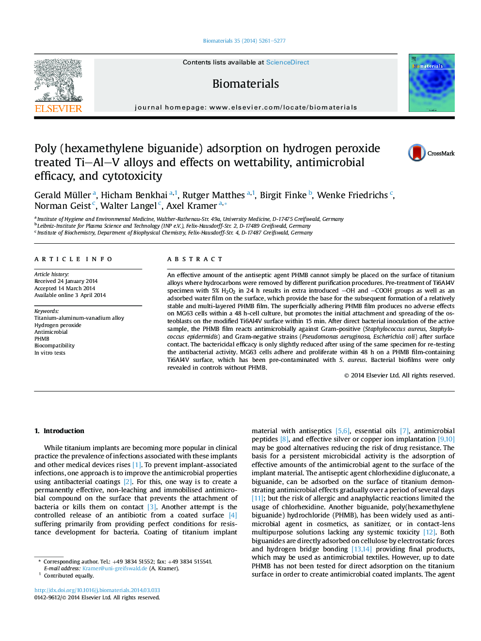 Poly (hexamethylene biguanide) adsorption on hydrogen peroxide treated Ti–Al–V alloys and effects on wettability, antimicrobial efficacy, and cytotoxicity