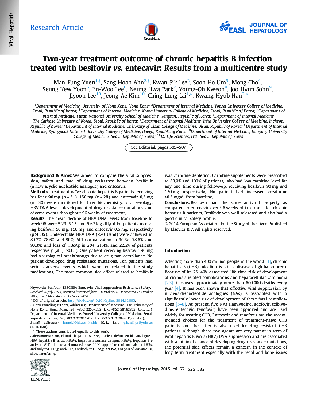 Research ArticleTwo-year treatment outcome of chronic hepatitis B infection treated with besifovir vs. entecavir: Results from a multicentre study