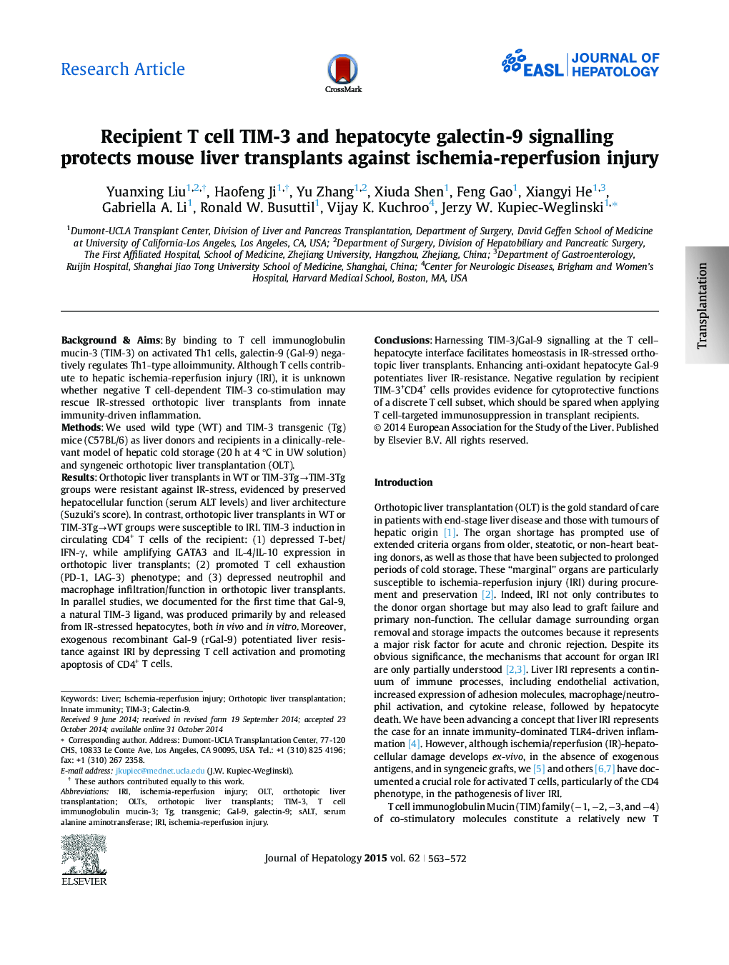 Research ArticleRecipient T cell TIM-3 and hepatocyte galectin-9 signalling protects mouse liver transplants against ischemia-reperfusion injury