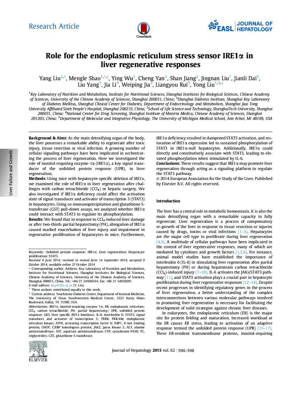 Research ArticleRole for the endoplasmic reticulum stress sensor IRE1Î± in liver regenerative responses