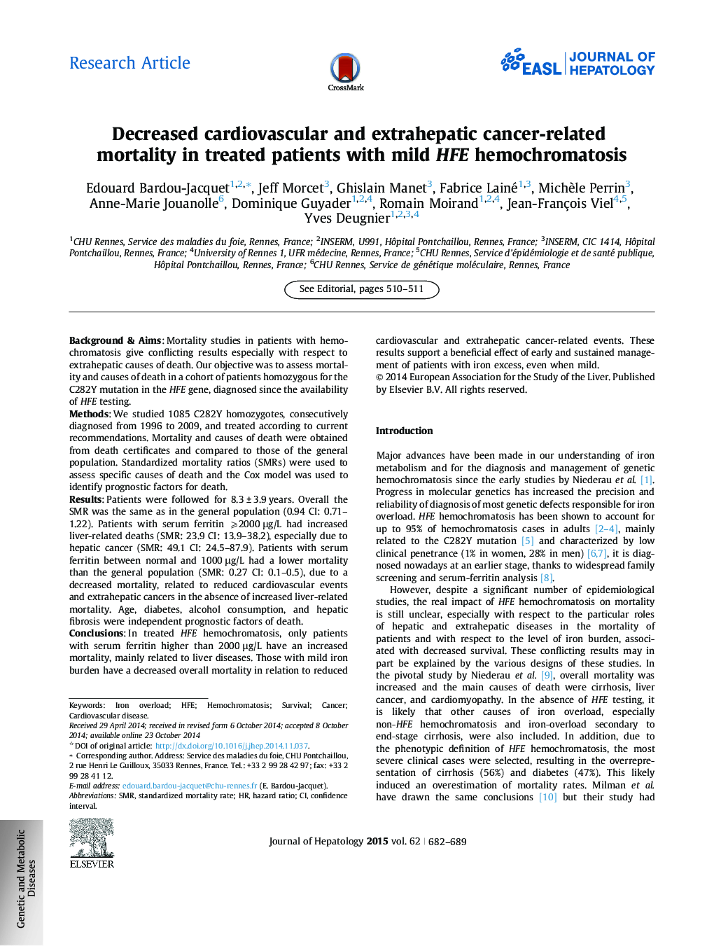 Research ArticleDecreased cardiovascular and extrahepatic cancer-related mortality in treated patients with mild HFE hemochromatosis