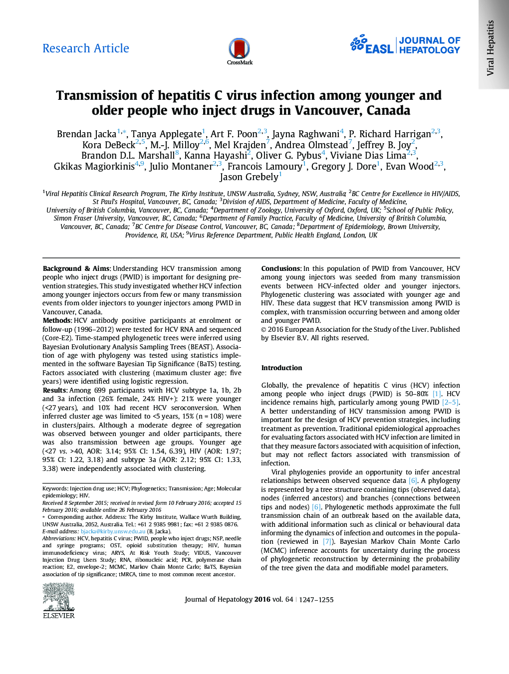 Research ArticleTransmission of hepatitis C virus infection among younger and older people who inject drugs in Vancouver, Canada