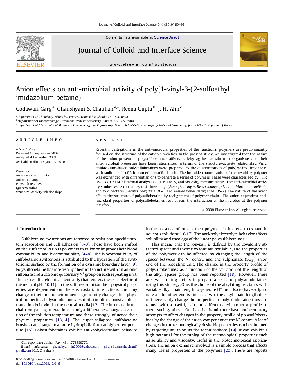 Anion effects on anti-microbial activity of poly[1-vinyl-3-(2-sulfoethyl imidazolium betaine)]