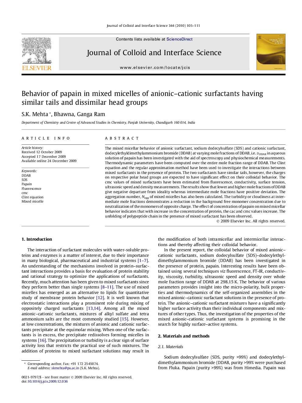 Behavior of papain in mixed micelles of anionic–cationic surfactants having similar tails and dissimilar head groups