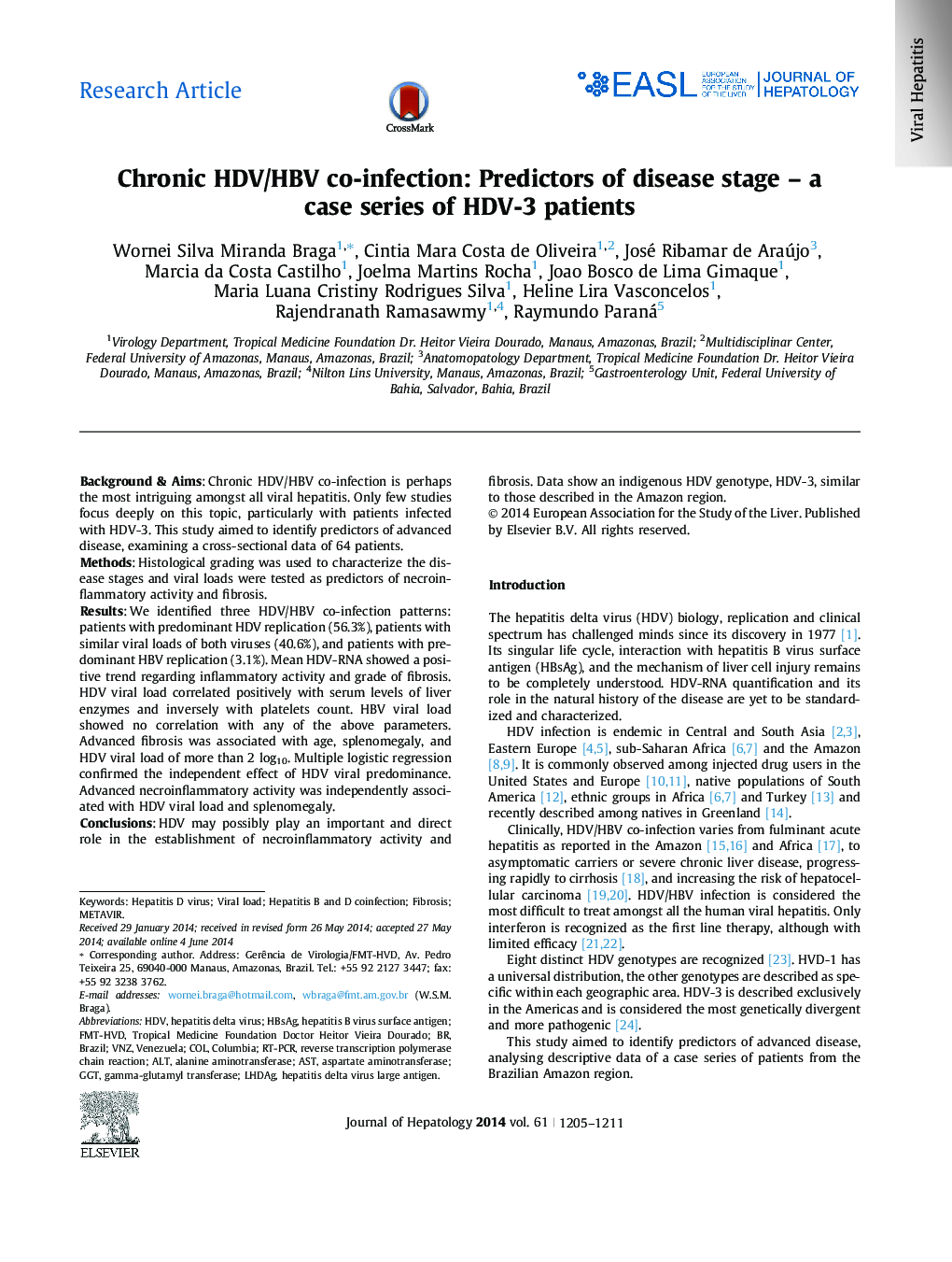 Research ArticleChronic HDV/HBV co-infection: Predictors of disease stage - a case series of HDV-3 patients