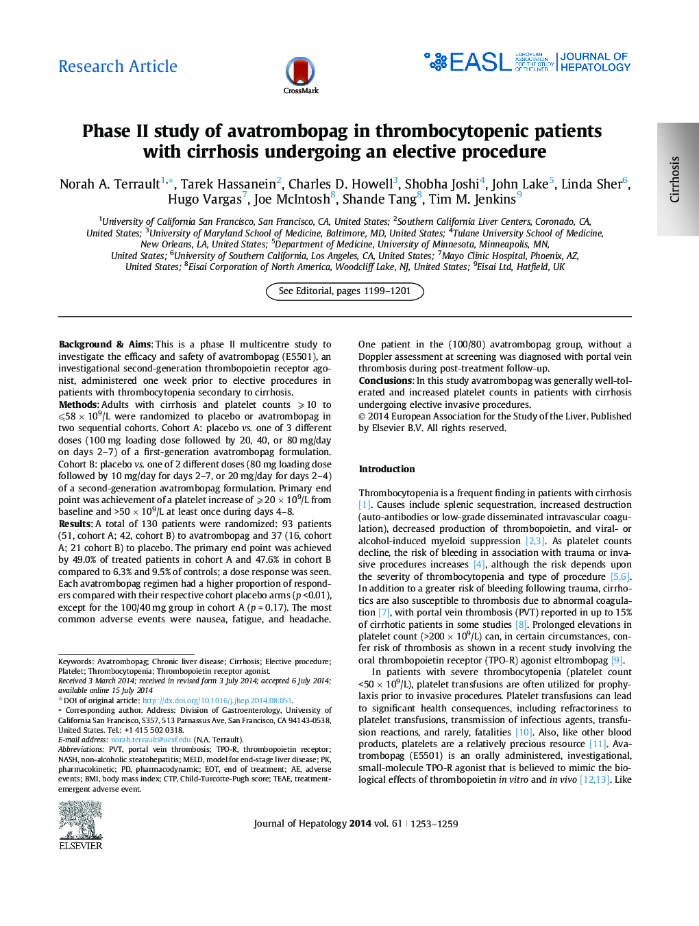 Research ArticlePhase II study of avatrombopag in thrombocytopenic patients with cirrhosis undergoing an elective procedure