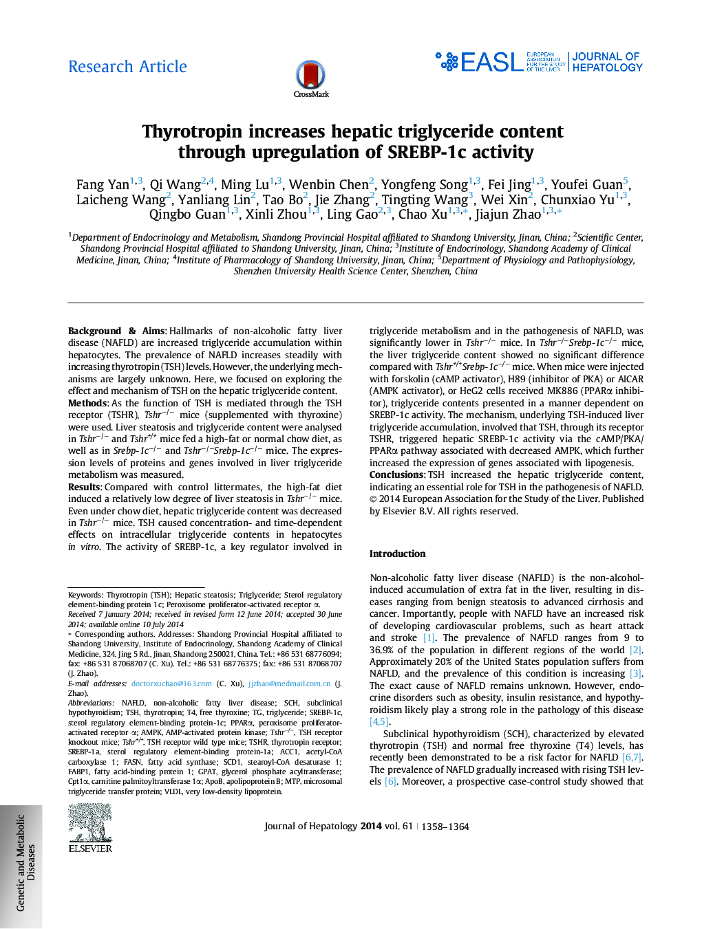 Research ArticleThyrotropin increases hepatic triglyceride content through upregulation of SREBP-1c activity