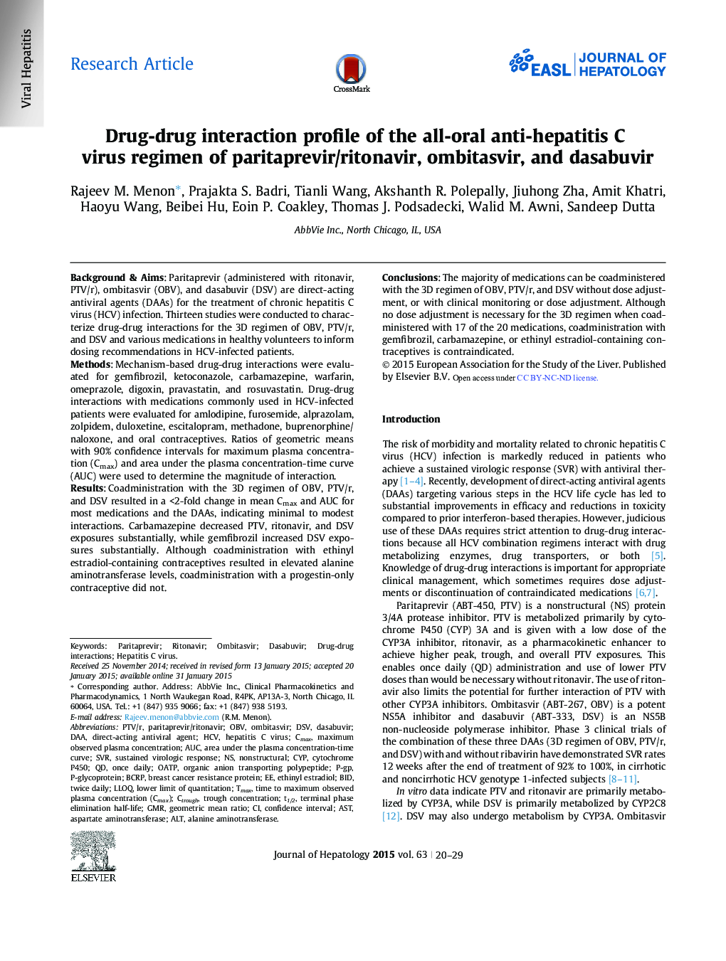 Research ArticleDrug-drug interaction profile of the all-oral anti-hepatitis C virus regimen of paritaprevir/ritonavir, ombitasvir, and dasabuvir