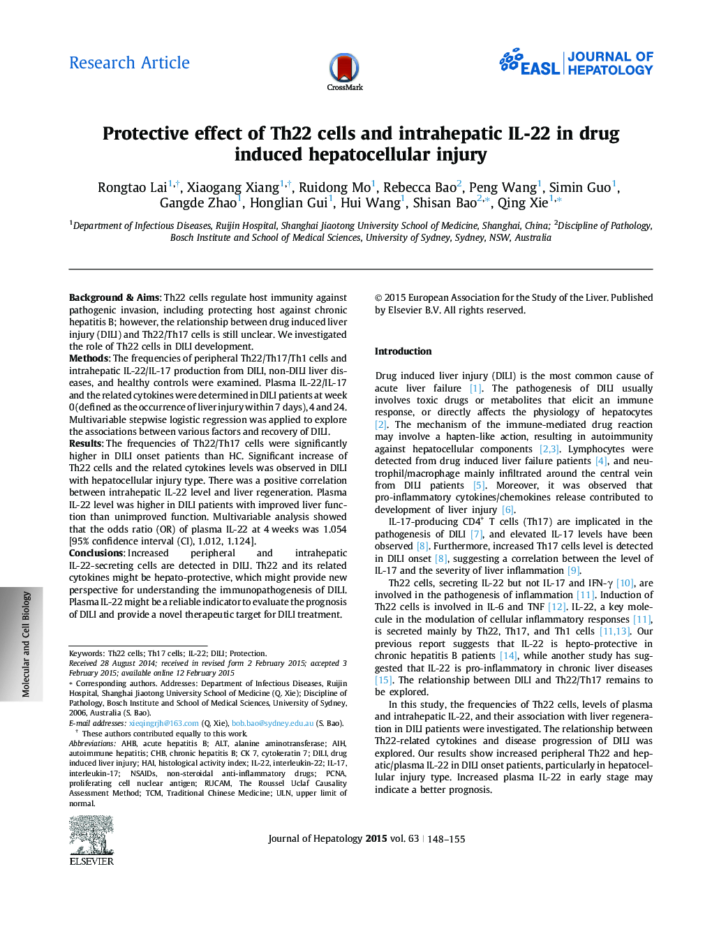 Research ArticleProtective effect of Th22 cells and intrahepatic IL-22 in drug induced hepatocellular injury