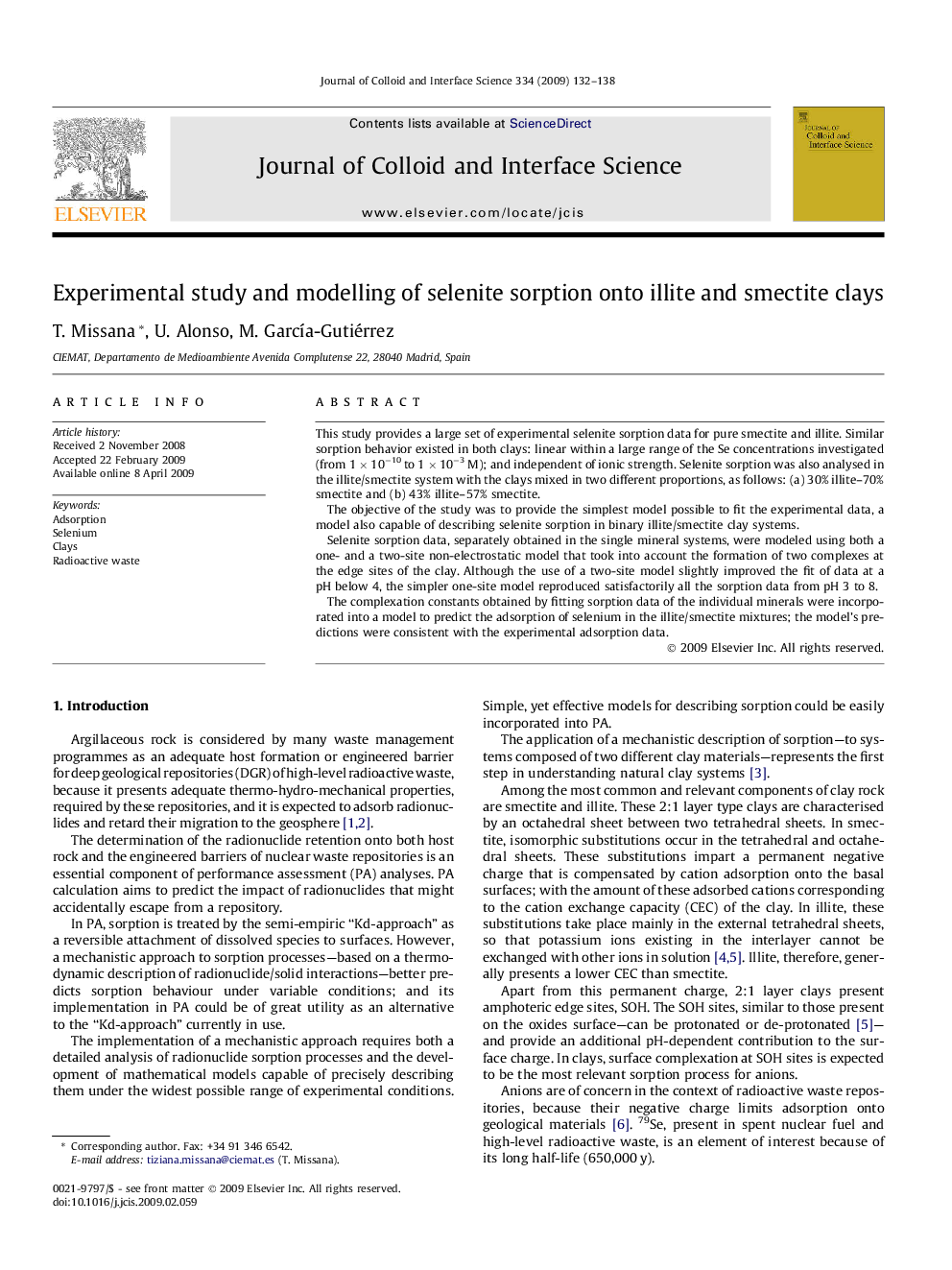 Experimental study and modelling of selenite sorption onto illite and smectite clays