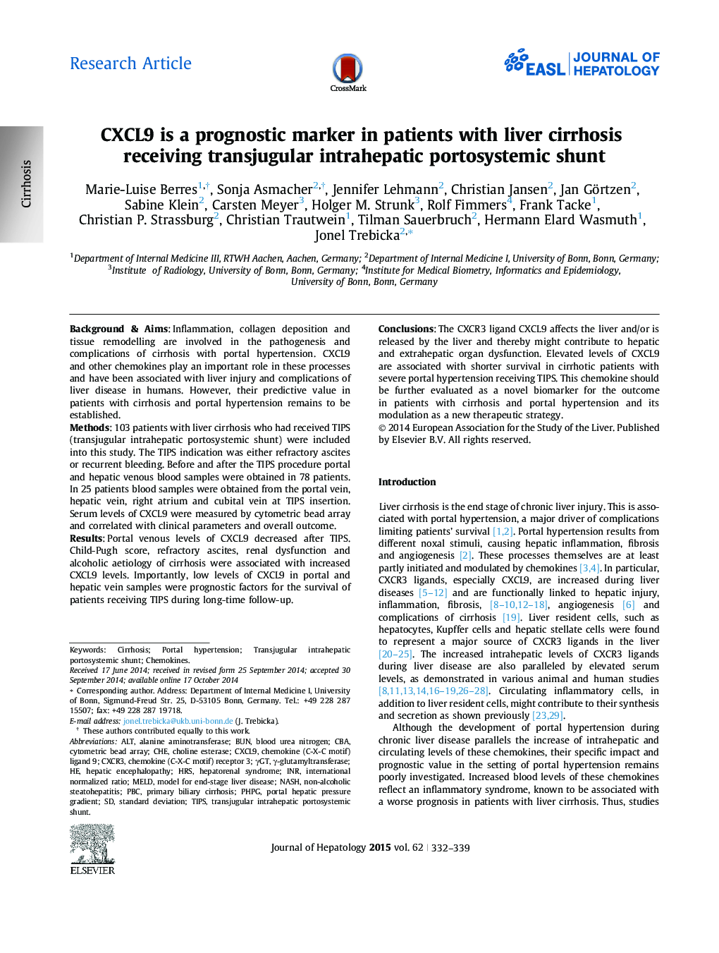 Research ArticleCXCL9 is a prognostic marker in patients with liver cirrhosis receiving transjugular intrahepatic portosystemic shunt