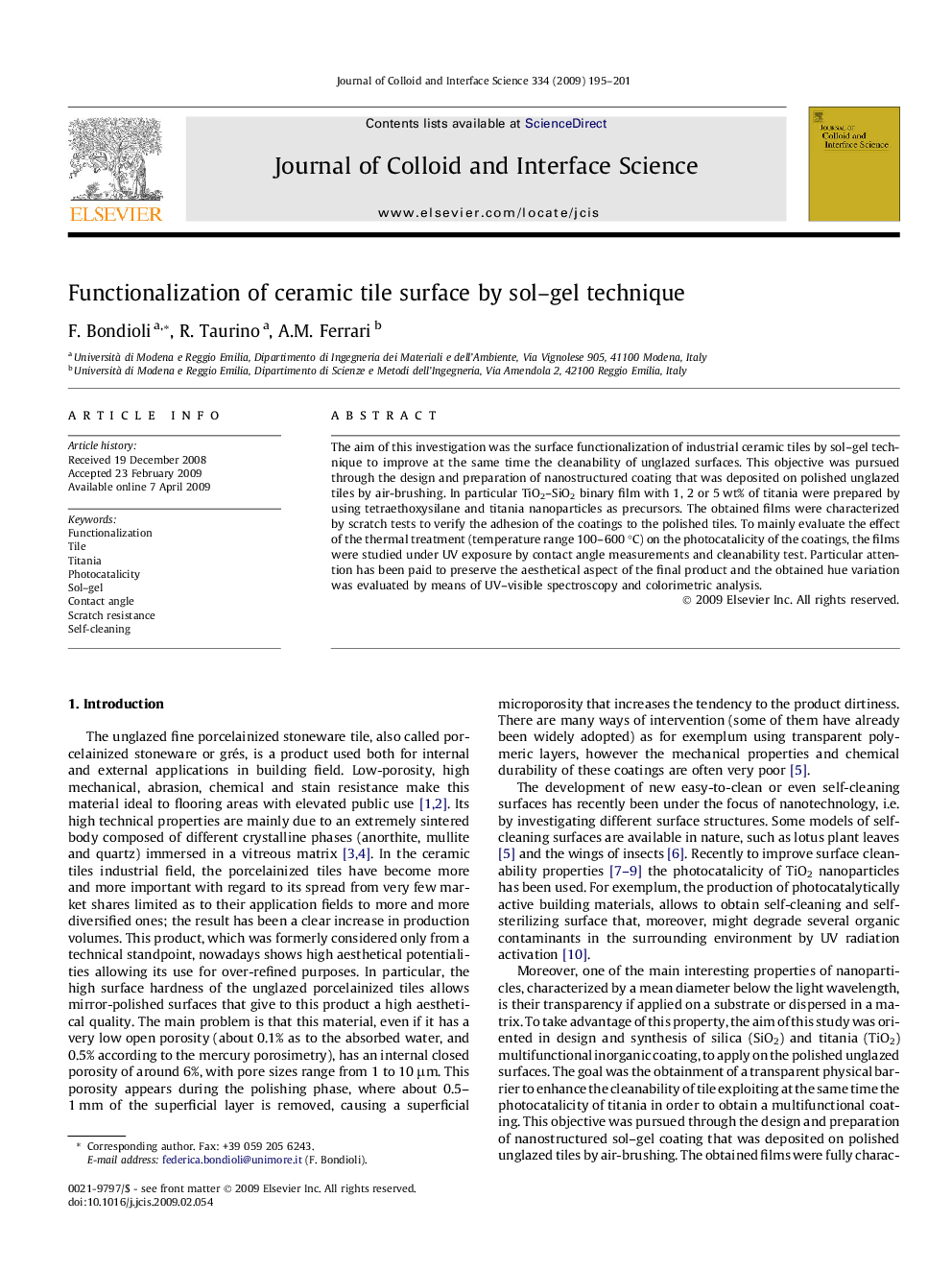 Functionalization of ceramic tile surface by sol–gel technique