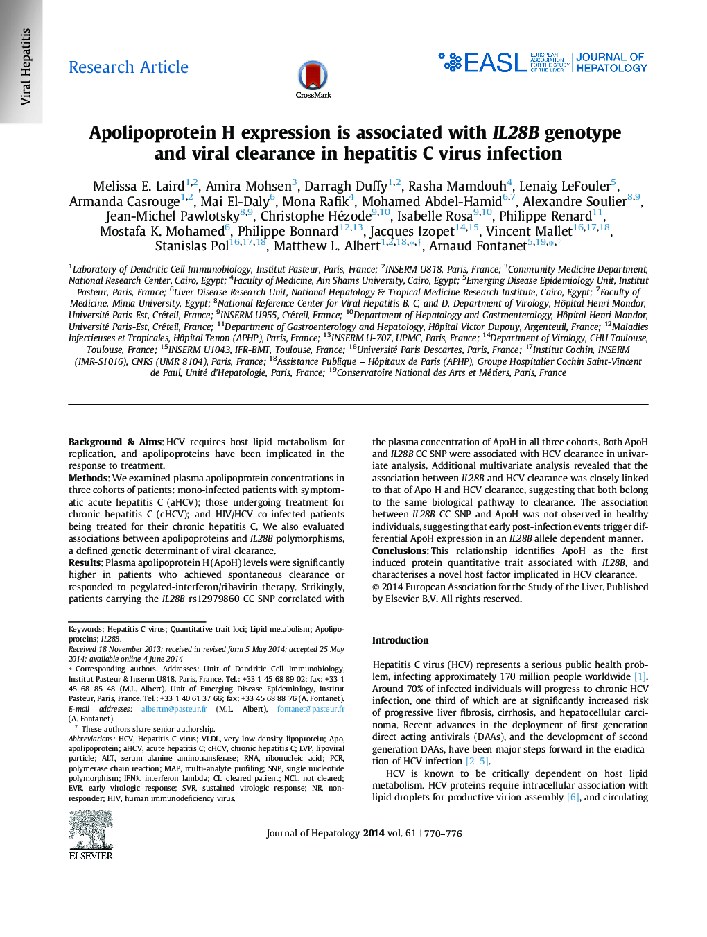 Research ArticleApolipoprotein H expression is associated with IL28B genotype and viral clearance in hepatitis C virus infection