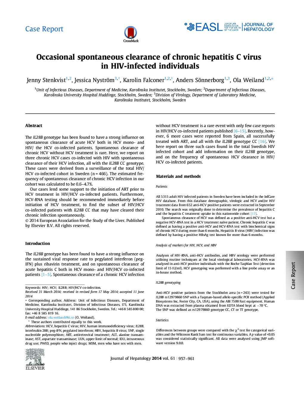 Case ReportOccasional spontaneous clearance of chronic hepatitis C virus in HIV-infected individuals