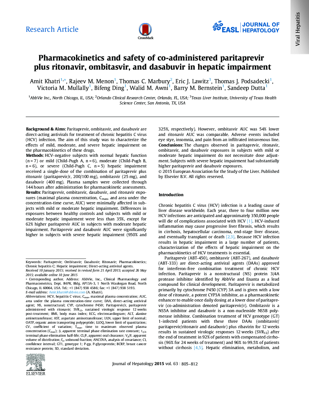 Research ArticlePharmacokinetics and safety of co-administered paritaprevir plus ritonavir, ombitasvir, and dasabuvir in hepatic impairment