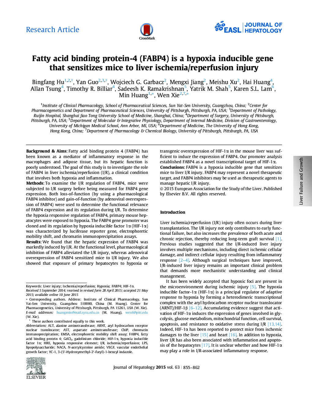 Research ArticleFatty acid binding protein-4 (FABP4) is a hypoxia inducible gene that sensitizes mice to liver ischemia/reperfusion injury
