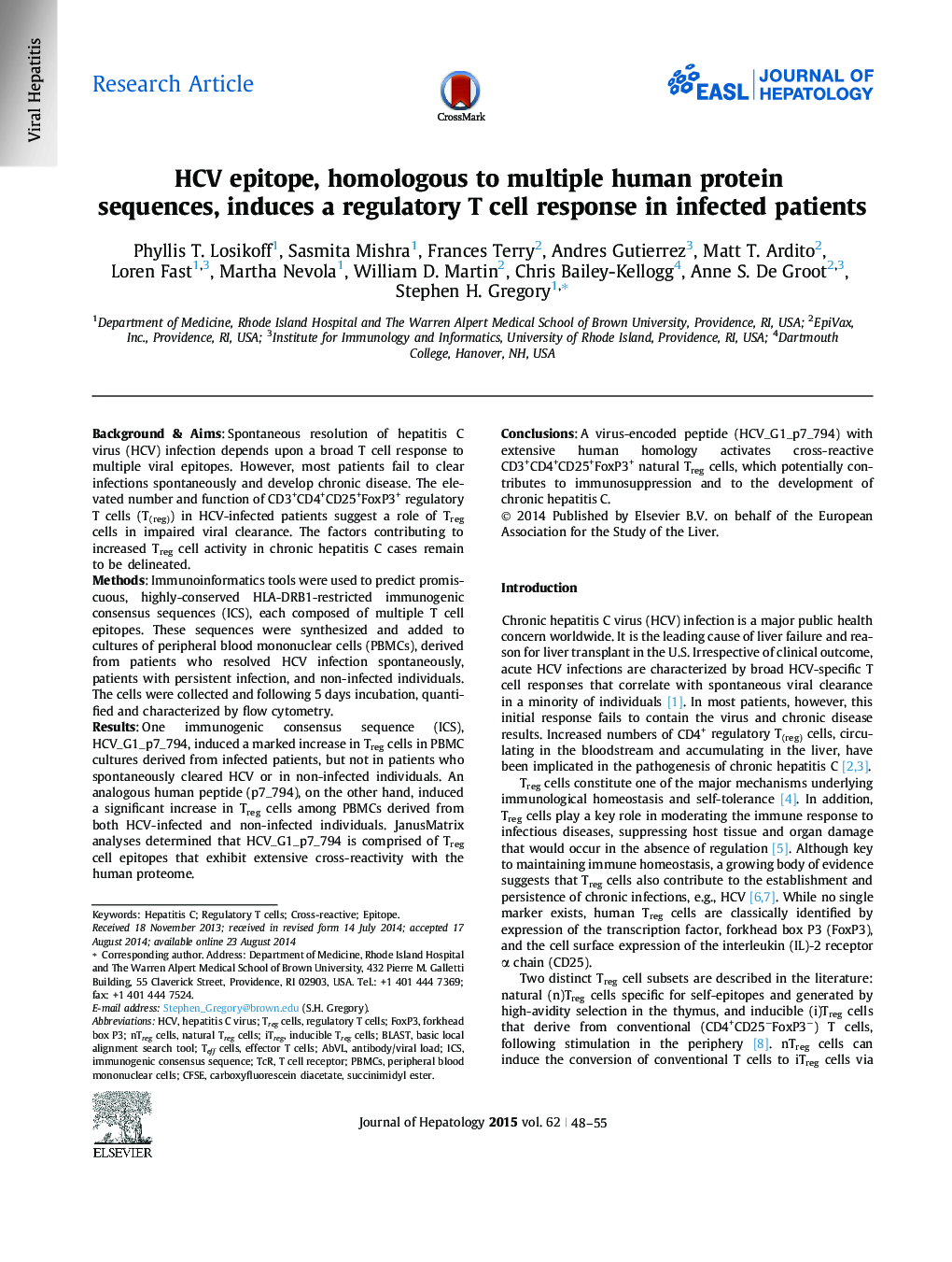 Research ArticleHCV epitope, homologous to multiple human protein sequences, induces a regulatory T cell response in infected patients