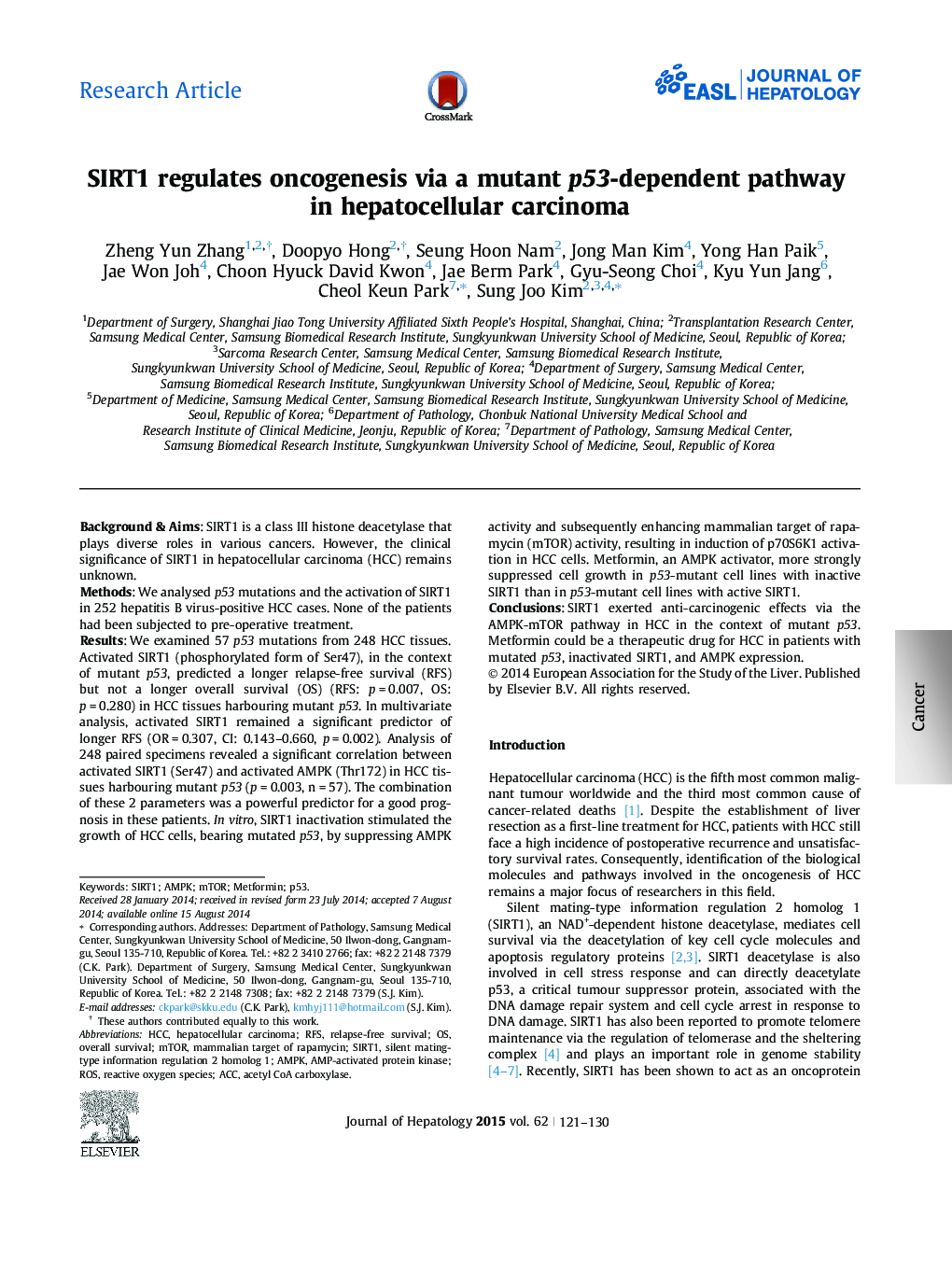 Research ArticleSIRT1 regulates oncogenesis via a mutant p53-dependent pathway in hepatocellular carcinoma