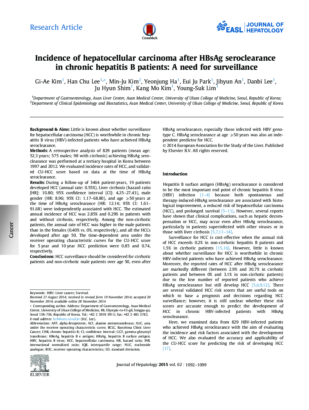 Research ArticleIncidence of hepatocellular carcinoma after HBsAg seroclearance in chronic hepatitis B patients: A need for surveillance