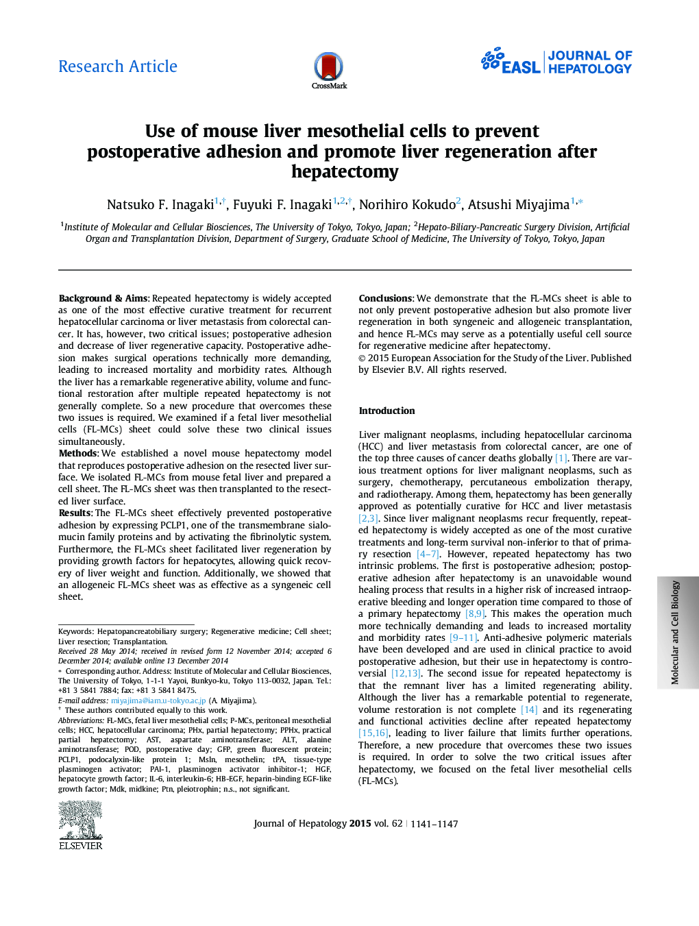 Research ArticleUse of mouse liver mesothelial cells to prevent postoperative adhesion and promote liver regeneration after hepatectomy