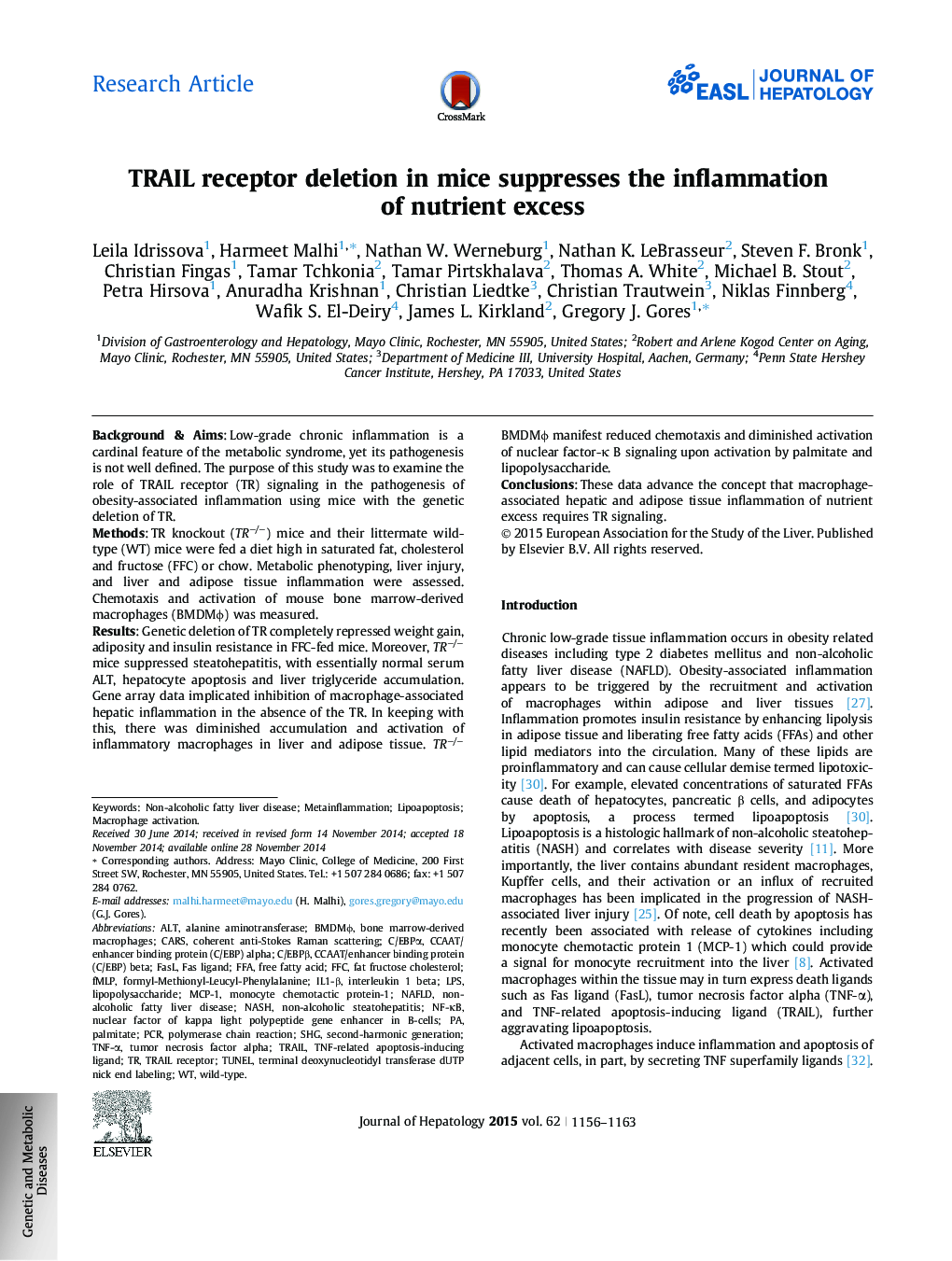 Research ArticleTRAIL receptor deletion in mice suppresses the inflammation of nutrient excess