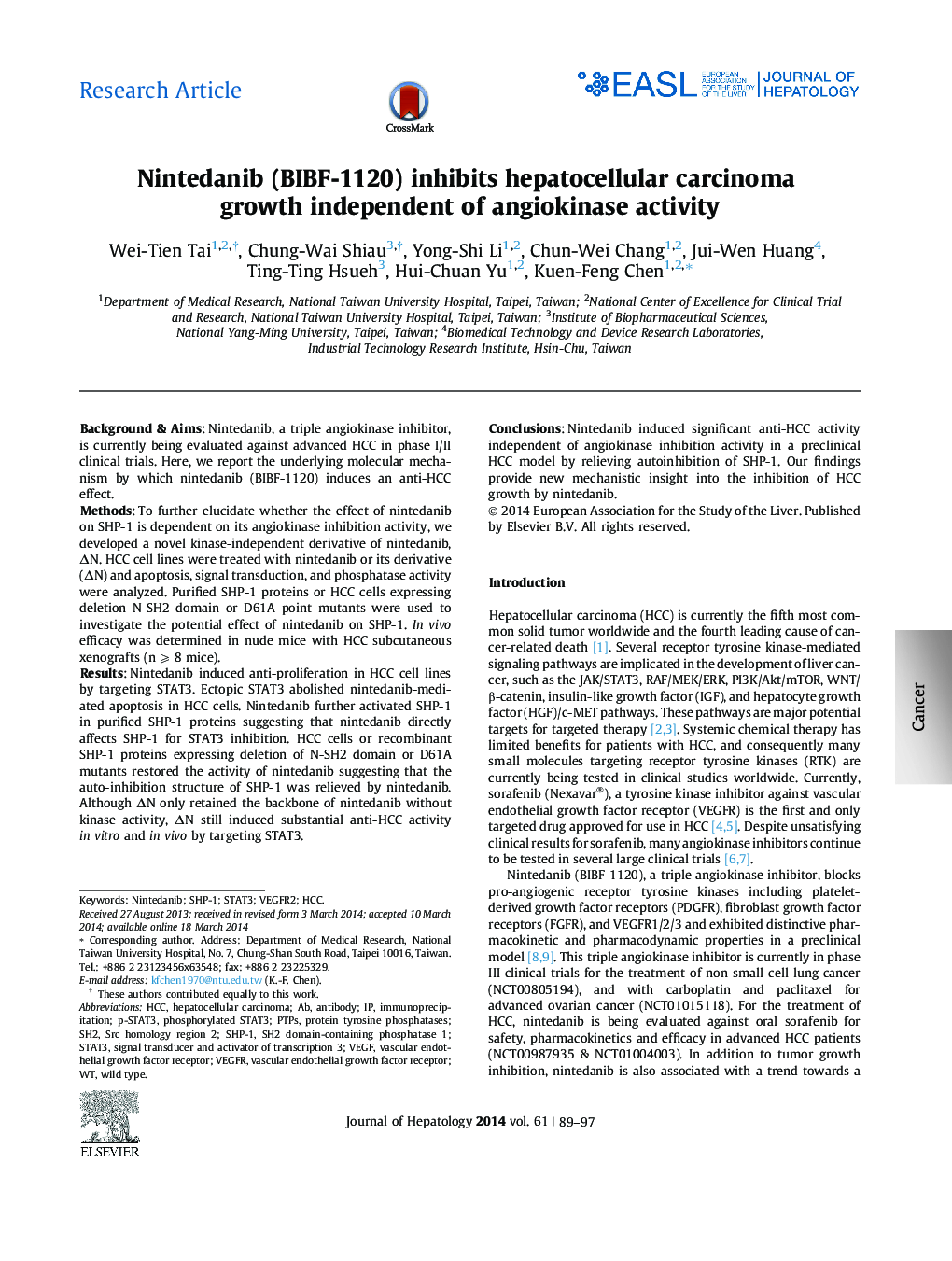 Research ArticleNintedanib (BIBF-1120) inhibits hepatocellular carcinoma growth independent of angiokinase activity