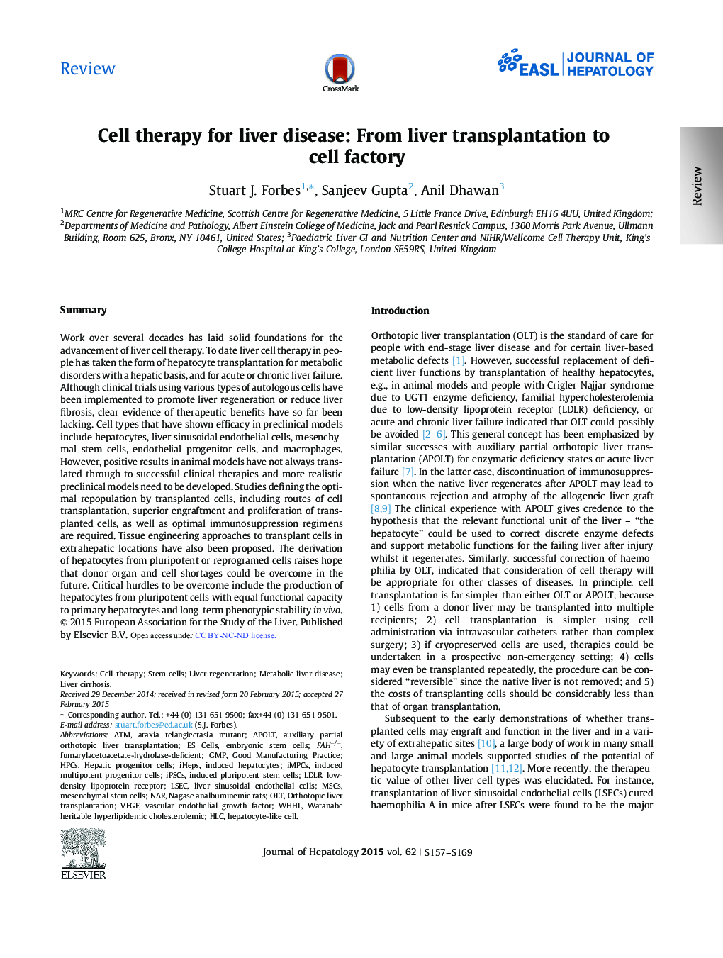 ReviewCell therapy for liver disease: From liver transplantation to cell factory