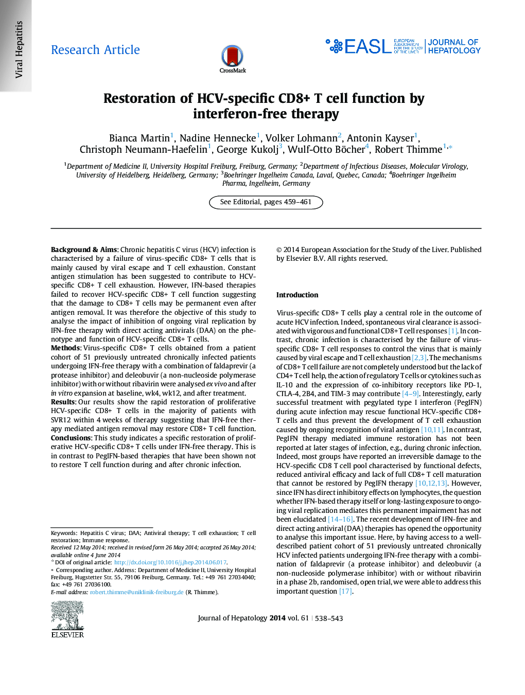 Research ArticleRestoration of HCV-specific CD8+ T cell function by interferon-free therapy