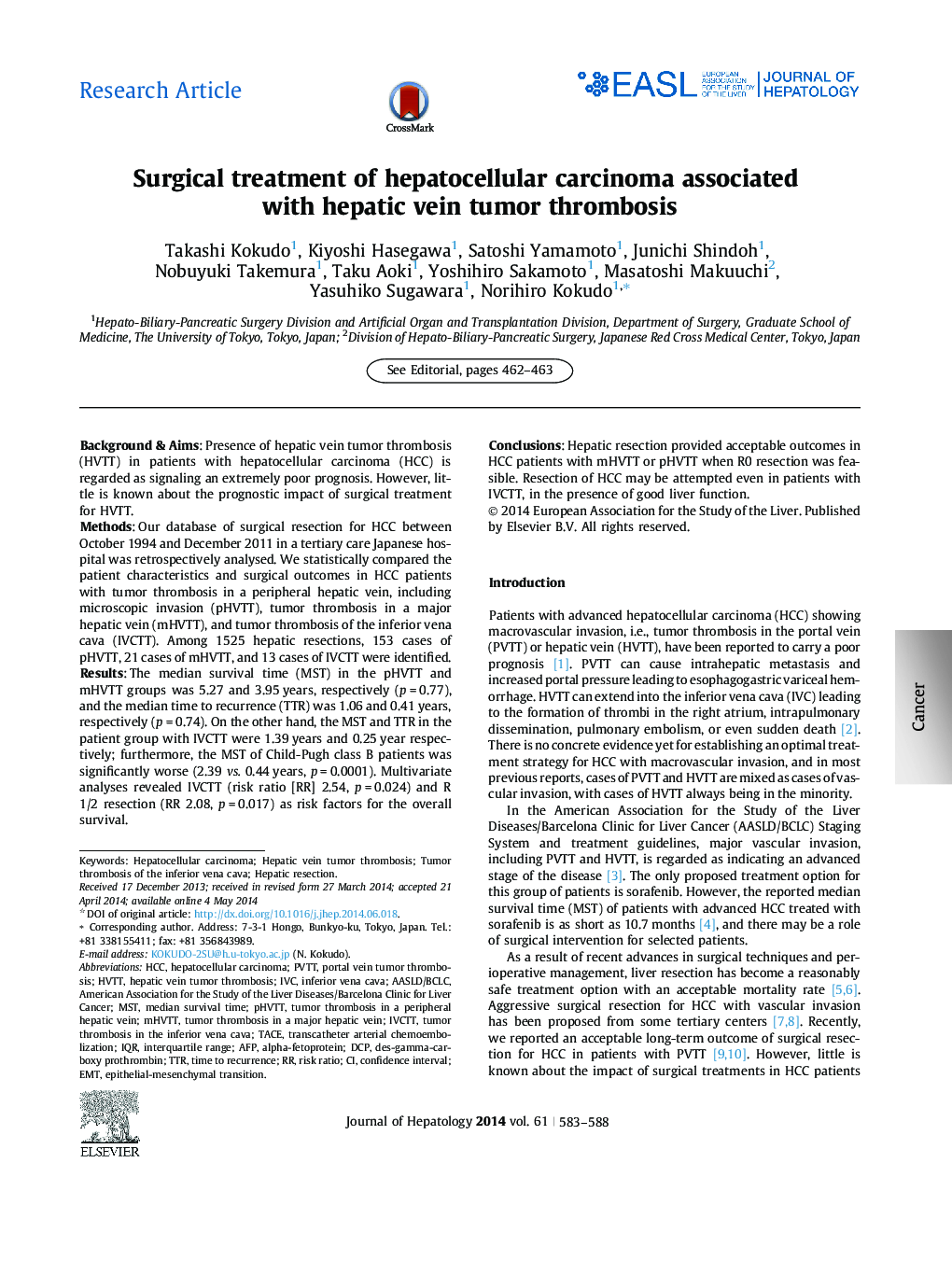 Research ArticleSurgical treatment of hepatocellular carcinoma associated with hepatic vein tumor thrombosis