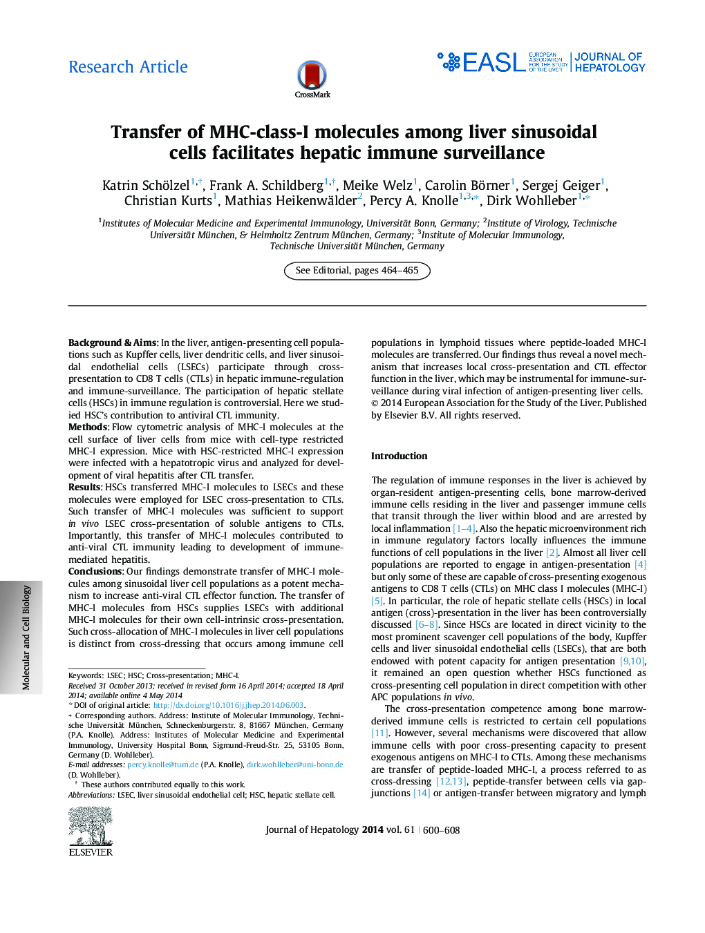 Research ArticleTransfer of MHC-class-I molecules among liver sinusoidal cells facilitates hepatic immune surveillance