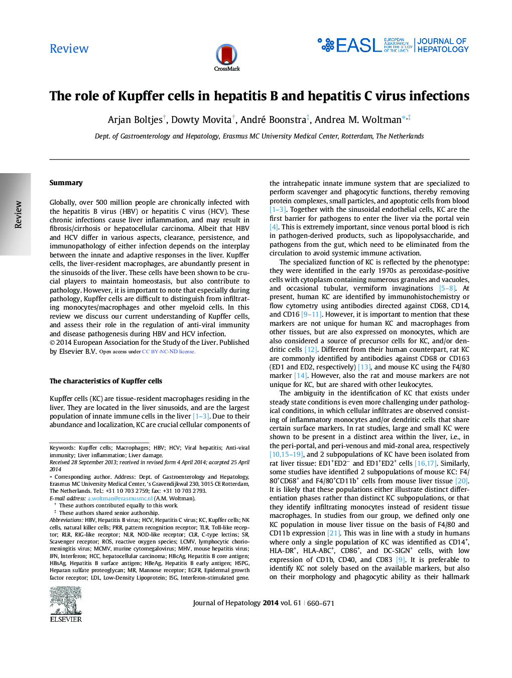 ReviewThe role of Kupffer cells in hepatitis B and hepatitis C virus infections