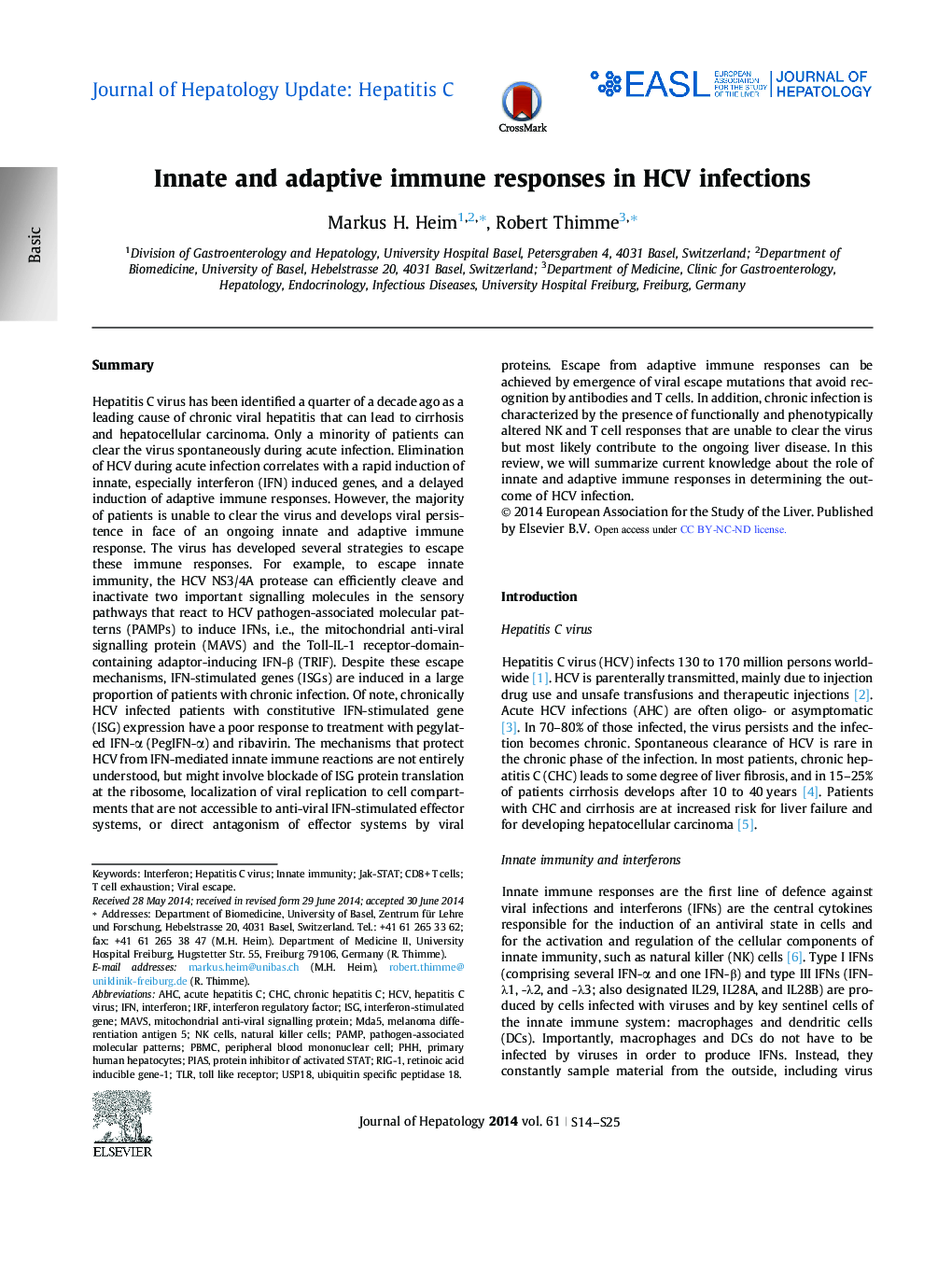 Journal of Hepatology Update: Hepatitis CInnate and adaptive immune responses in HCV infections