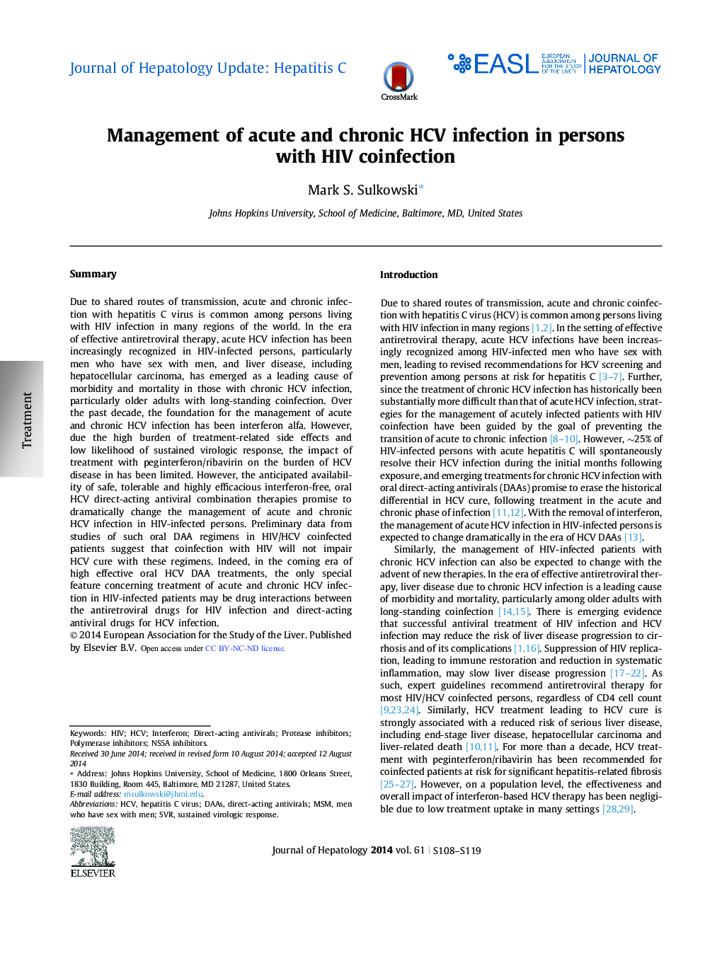 Journal of Hepatology Update: Hepatitis CManagement of acute and chronic HCV infection in persons with HIV coinfection