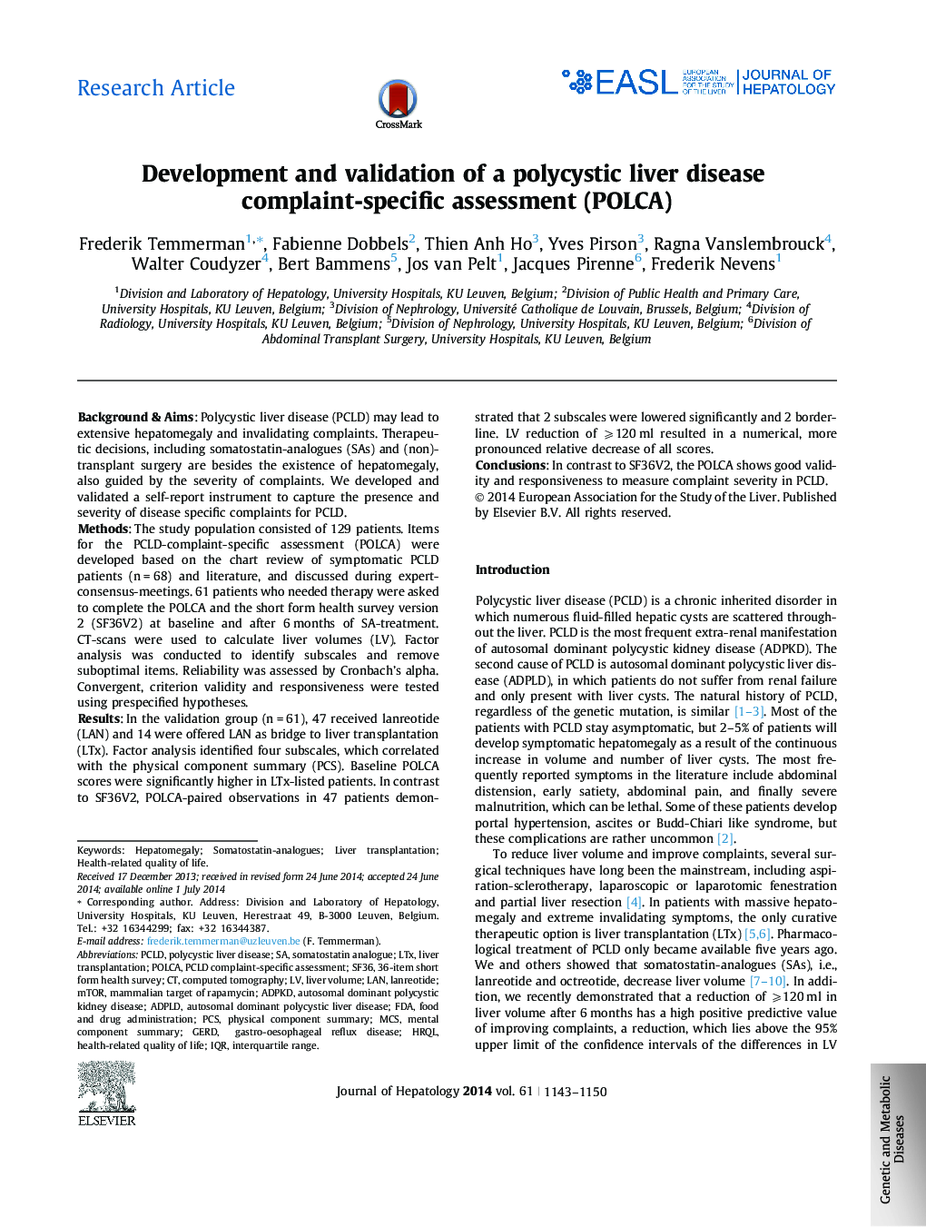 Research ArticleDevelopment and validation of a polycystic liver disease complaint-specific assessment (POLCA)