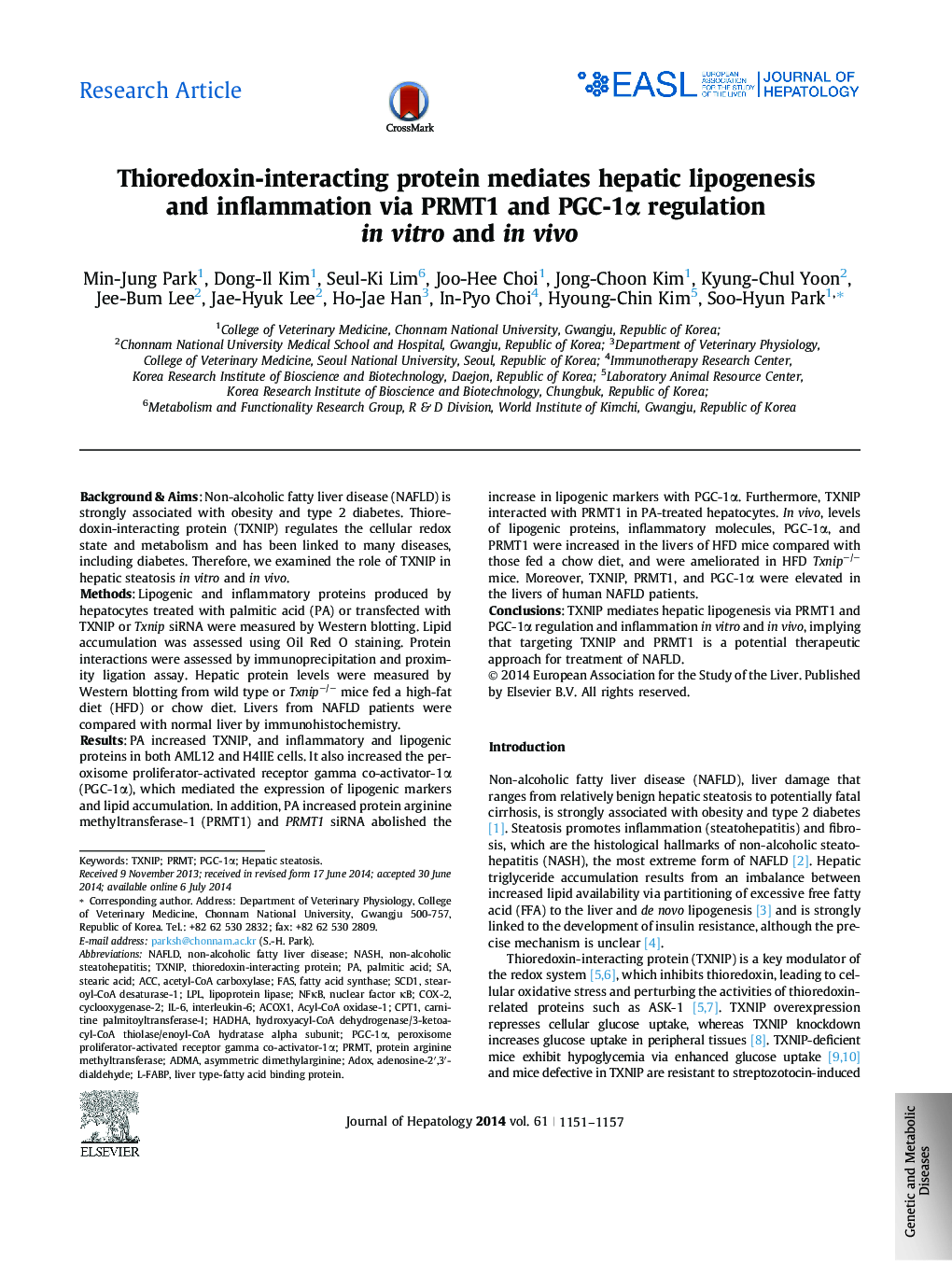 Research ArticleThioredoxin-interacting protein mediates hepatic lipogenesis and inflammation via PRMT1 and PGC-1Î± regulation in vitro and in vivo