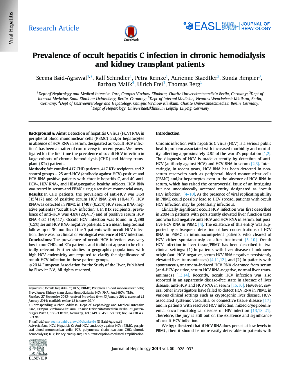 Research ArticlePrevalence of occult hepatitis C infection in chronic hemodialysis and kidney transplant patients