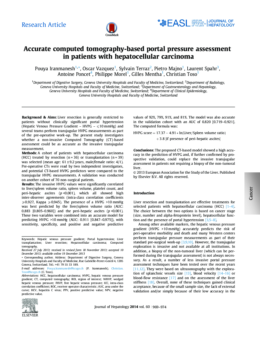 Research ArticleAccurate computed tomography-based portal pressure assessment in patients with hepatocellular carcinoma