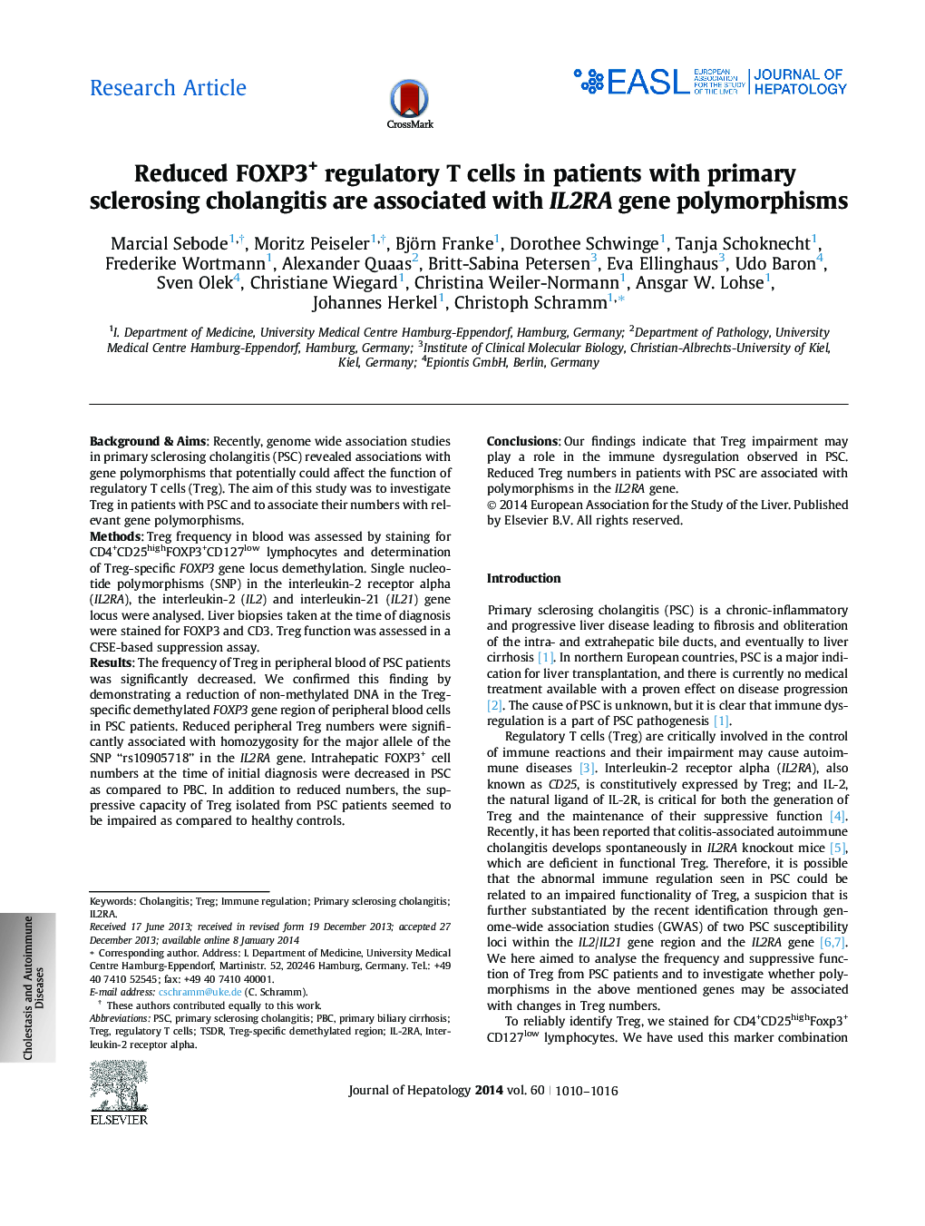 Research ArticleReduced FOXP3+ regulatory T cells in patients with primary sclerosing cholangitis are associated with IL2RA gene polymorphisms