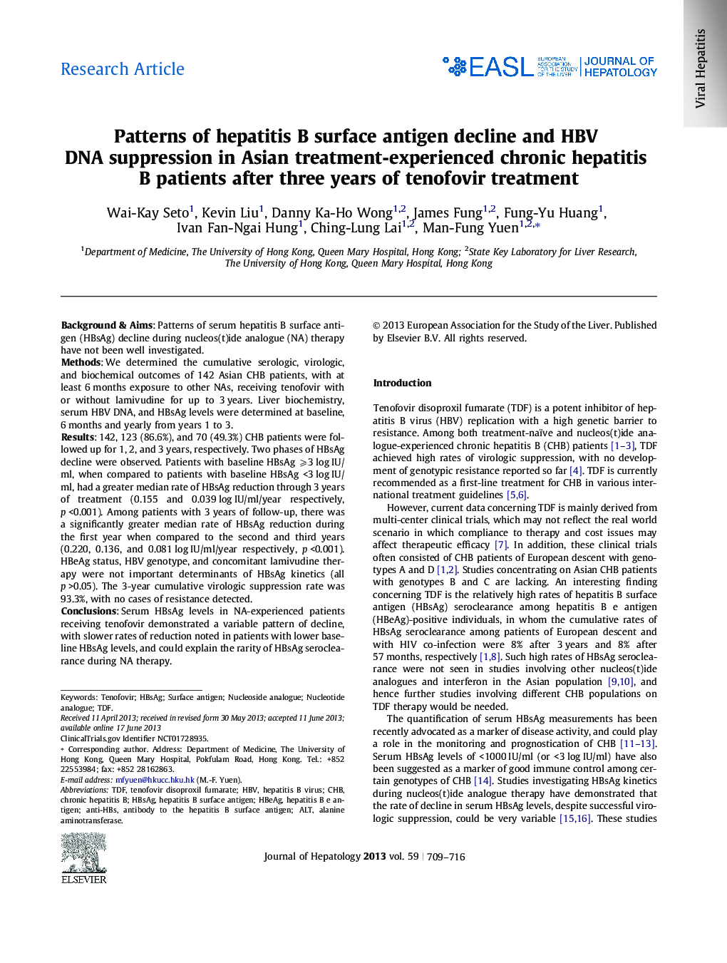 Research ArticlePatterns of hepatitis B surface antigen decline and HBV DNA suppression in Asian treatment-experienced chronic hepatitis B patients after three years of tenofovir treatment
