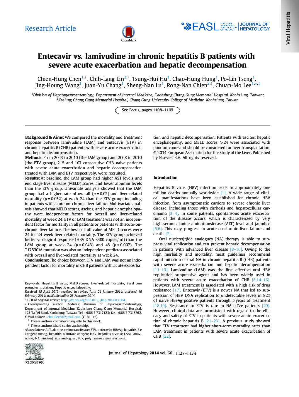 Research ArticleEntecavir vs. lamivudine in chronic hepatitis B patients with severe acute exacerbation and hepatic decompensation