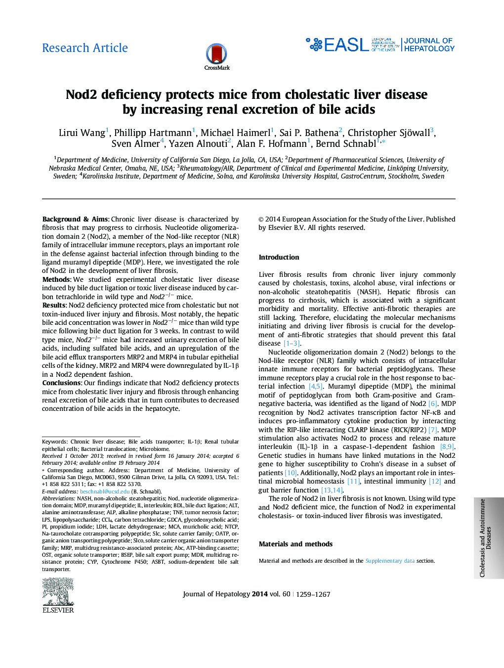 Research ArticleNod2 deficiency protects mice from cholestatic liver disease by increasing renal excretion of bile acids