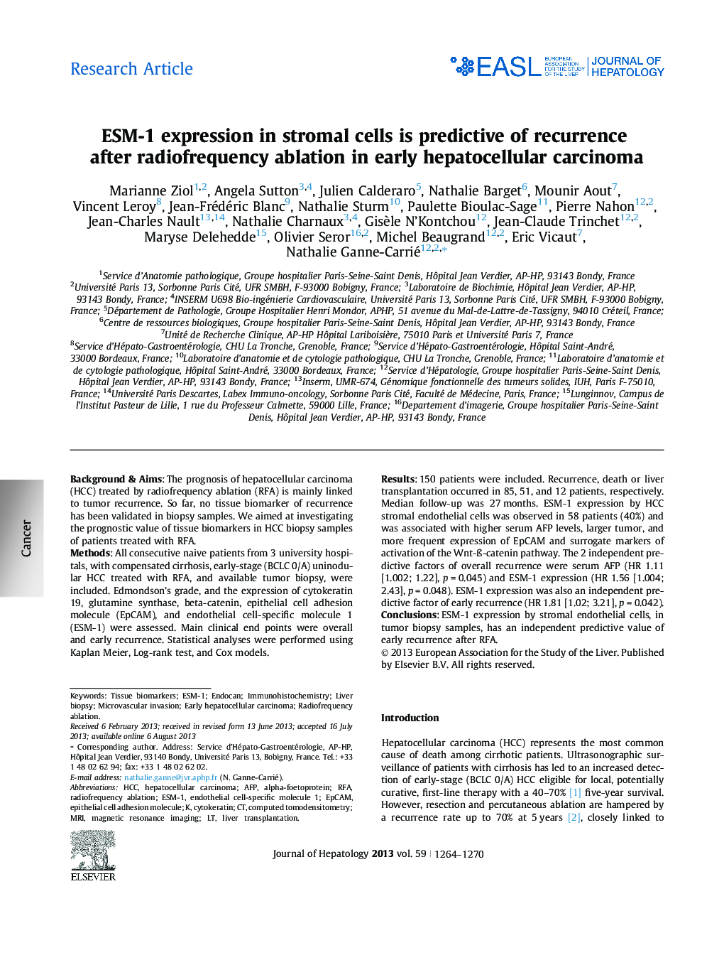 Research ArticleESM-1 expression in stromal cells is predictive of recurrence after radiofrequency ablation in early hepatocellular carcinoma